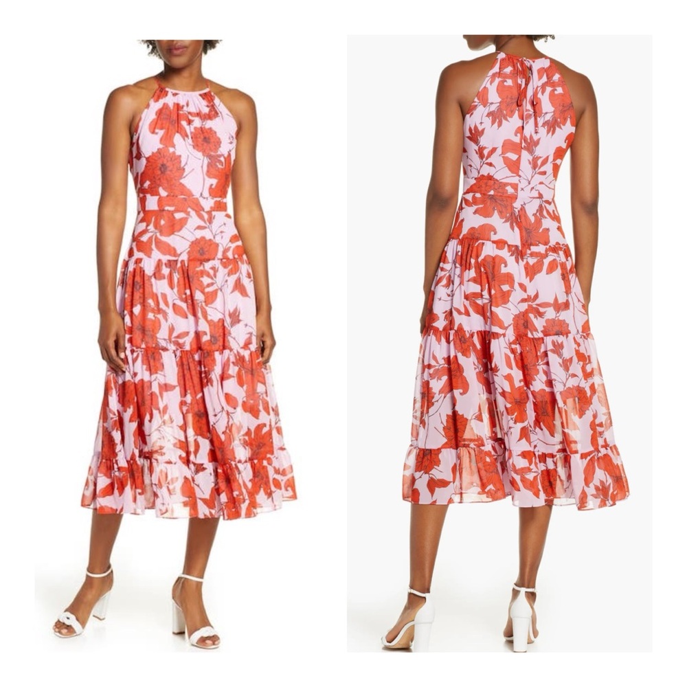 Eliza J Floral High Neck Tiered Chiffon Midi Dress Sz 14